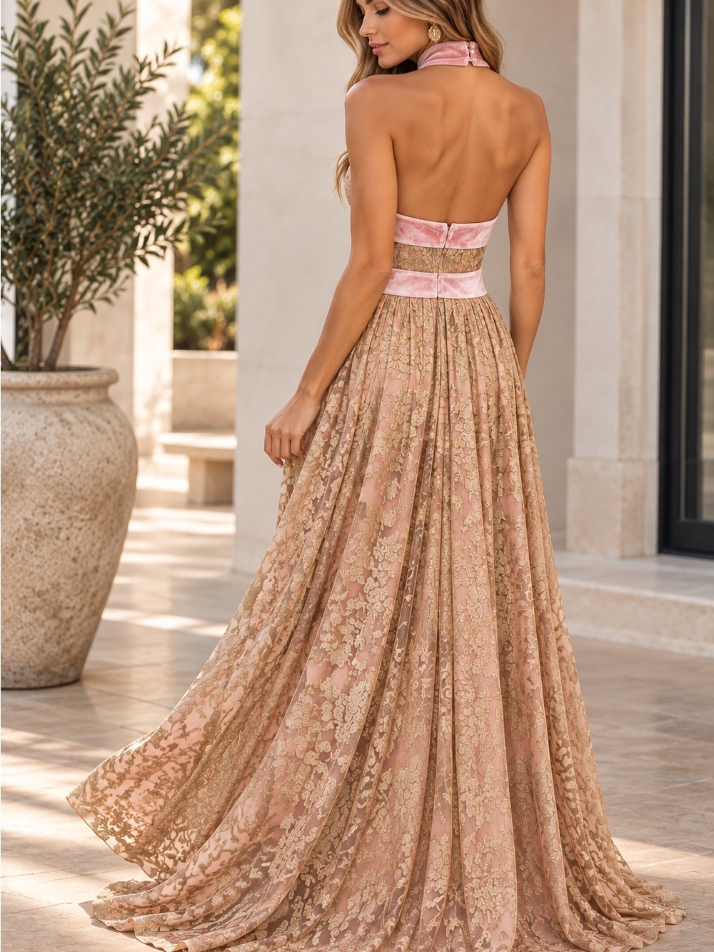 VENUS Pink and Gold One-Shoulder Lace Evening Gown - Picture 4 of 7